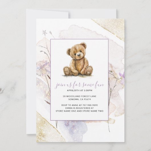 Teddy Bear Spring Wildflowers Baby shower Kaart (Achterkant)