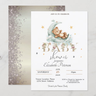 Teddy Bear Stars Glitter Goud Baby shower Kaart