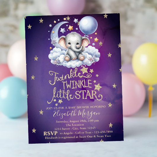 Teddy Bear Stars Moon Clouds Violet Baby shower Kaart