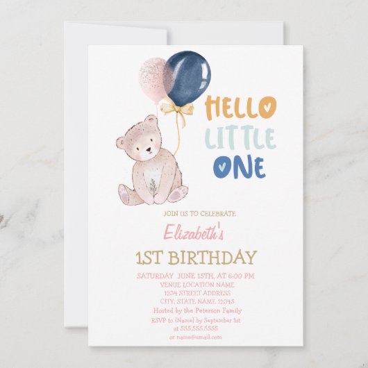 Teddy Bear Striped Hallo Little One Birthday Kaart (Voorkant)