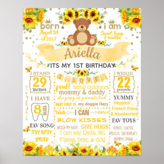 Teddy Bear Sun Flower Birthday Party-tekenbord Poster