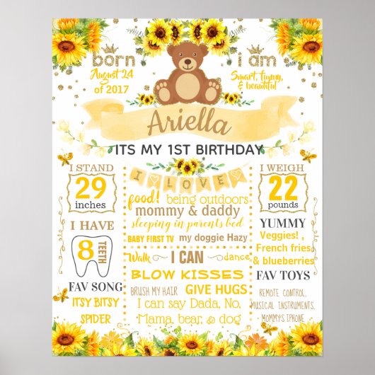 Teddy Bear Sun Flower Birthday Party-tekenbord Poster (Voorkant)