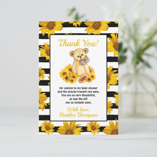 Teddy Bear Sunflower Baby shower Bedankkaart (Staand voorkant)