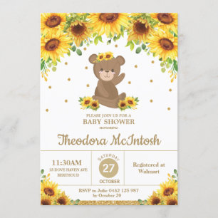 Teddy Bear Sunflower Floral Baby shower Girl Kaart
