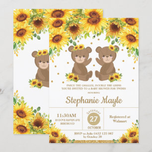 Teddy Bear Sunflower Floral Baby shower Twin Girls Kaart
