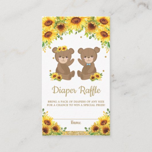 Teddy Bear Sunflower Twins Boy Girl Diaper Raffle Informatiekaartje (Voorkant)