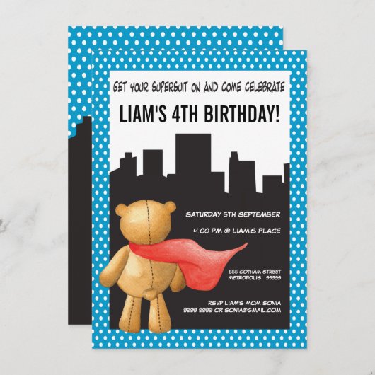 Teddy Bear Super Hero Boys Birthday Party nodigt u Kaart (Voorkant / Achterkant)