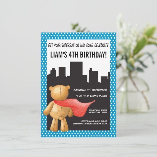 Teddy Bear Super Hero Boys Birthday Party nodigt u Kaart (Staand voorkant)