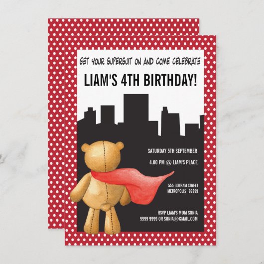 Teddy Bear Super Hero Boys Birthday Party nodigt u Kaart (Voorkant / Achterkant)