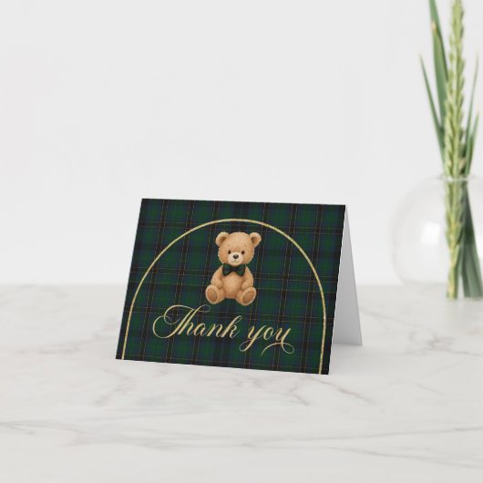 Teddy Bear Tartan Baby Shower Thank You Card Bedankkaart (Voorkant)