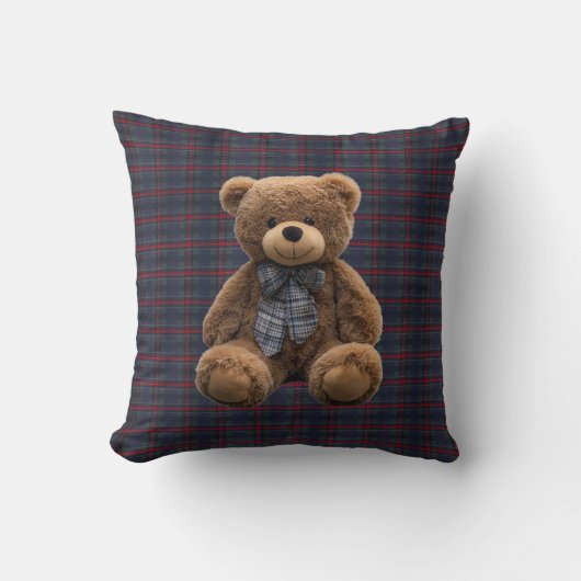 Teddy Bear Tartan Monogram Birth Stats Newborn Boy Kussen (Voorkant)