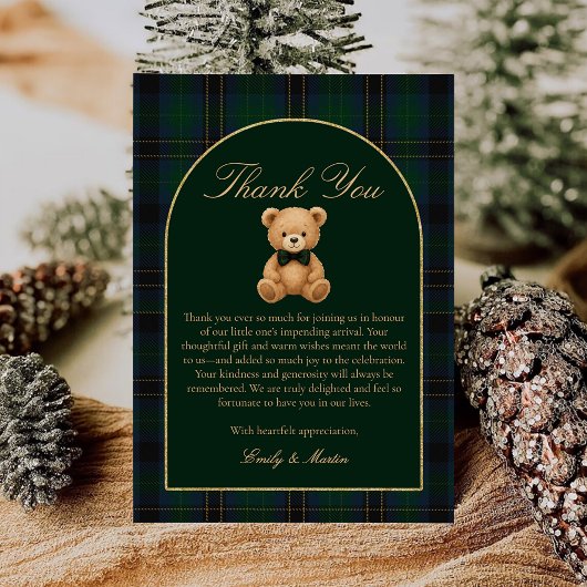 Teddy Bear Tartan Plaid Baby Shower Thank You Card Bedankkaart