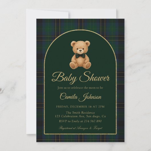 Teddy Bear Tartan Preppy Baby Shower Invitation Kaart (Voorkant)