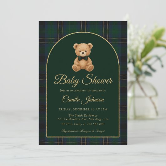 Teddy Bear Tartan Preppy Baby Shower Invitation Kaart (Staand voorkant)