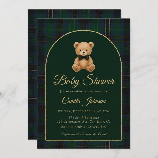 Teddy Bear Tartan Preppy Baby Shower Invitation Kaart (Voorkant / Achterkant)