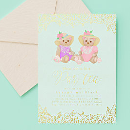 Teddy Bear Tea Party Mint Gold Baby shower Folie i Folie Uitnodiging