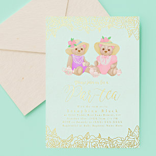 Teddy Bear Tea Party Mint Gold Baby shower Folie i Folie Uitnodiging