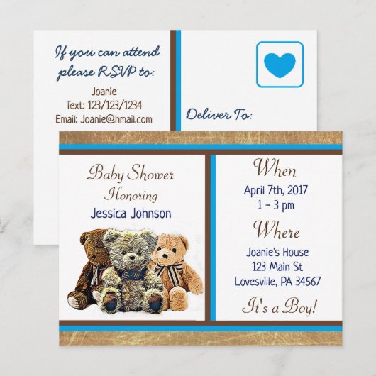 Teddy Bear Themd Boy's Baby shower Uitnodiging (Voorkant / Achterkant)