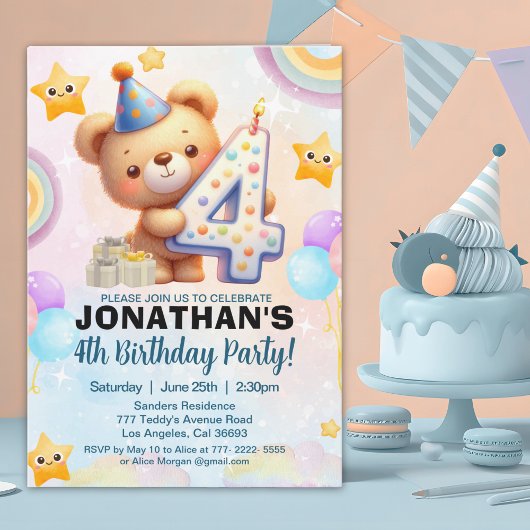 Teddy Bear Theme Birthday 4th for boy's Kaart