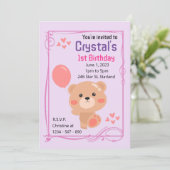 Teddy Bear Theme Girl's 1e verjaardag Invita Kaart (Staand voorkant)