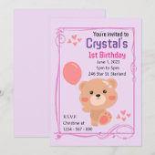 Teddy Bear Theme Girl's 1e verjaardag Invita Kaart (Voorkant / Achterkant)