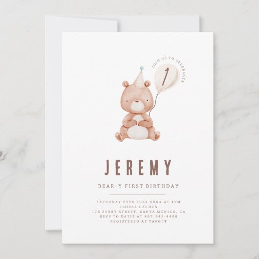 Teddy Bear Theme Neutraal 1e verjaardagsfeest Kaart (Voorkant)
