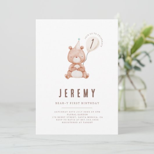 Teddy Bear Theme Neutraal 1e verjaardagsfeest Kaart (Staand voorkant)