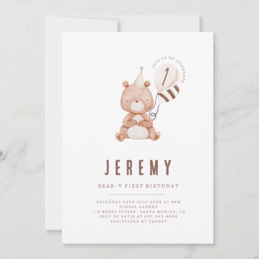 Teddy Bear Theme Neutraal 1e verjaardagsfeest Kaart (Voorkant)