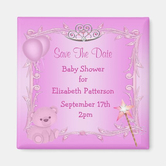 Teddy Bear & Tiara Roze Baby shower Save The Date Magneet (Voorkant)