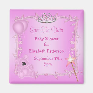 Teddy Bear & Tiara Roze Baby shower Save The Date Magneet