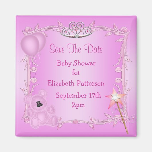 Teddy Bear & Tiara Roze Baby shower Save The Date Magneet (Voorkant)