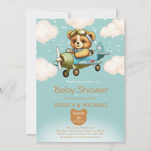 Teddy Bear Tiny Pilot Vliegtuig Baby shower Kaart (Voorkant)