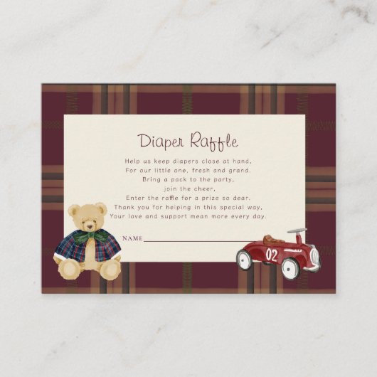 Teddy Bear & Toy Car Baby Shower Diaper Raffle  Informatiekaartje (Voorkant)
