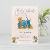 Teddy Bear Tractor Baby shower Invitation Kaart (Staand voorkant)