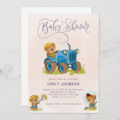 Teddy Bear Tractor Baby shower Invitation Kaart (Voorkant / Achterkant)