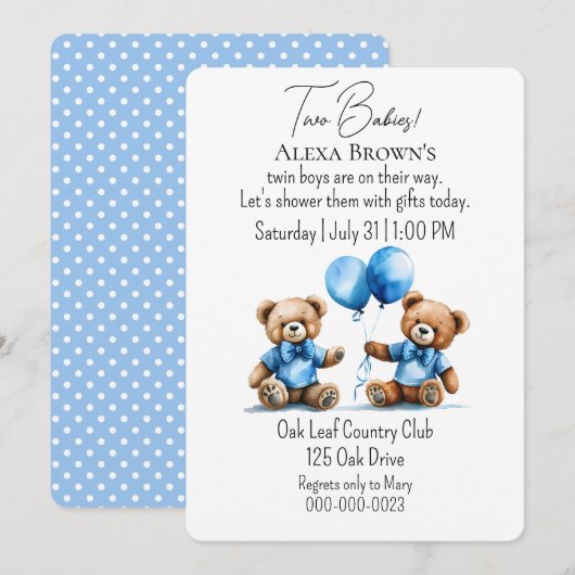 Teddy Bear Twin Baby Boy Shower Kaart (Voorkant / Achterkant)