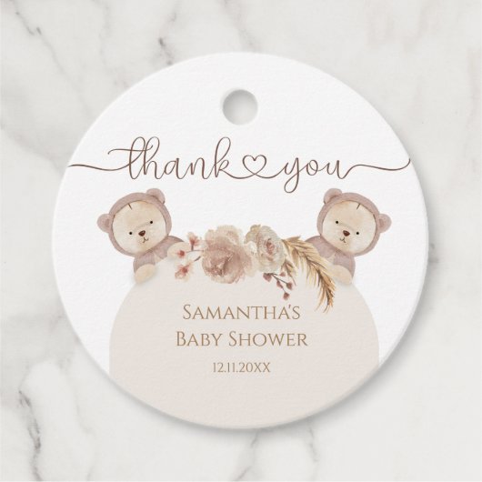 Teddy Bear Twins Baby shower Boho Floral Bedankjes Labels (Voorkant)
