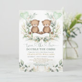 Teddy Bear Twins Baby shower Greenery Gold Balloon Kaart (Staand voorkant)