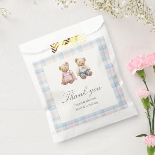 Teddy bear Twins Beary First Birthday Favor Bags Bedankzakje (Gezegeld)