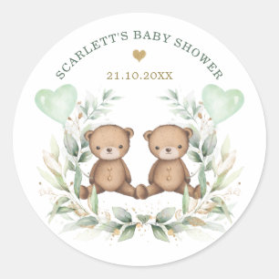  Teddy Bear Twins Greenery-Baby Ronde Sticker