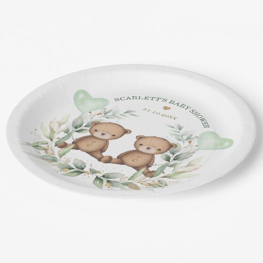 Teddy Bear Twins Greenery Balloons Baby shower Papieren Bordje (Gekanteld)