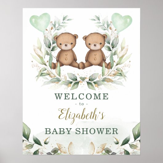 Teddy Bear Twins Greenery Gold Baby shower Welkom Poster (Voorkant)
