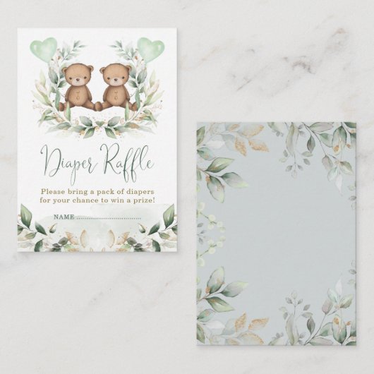 Teddy Bear Twins Greenery Gold Diaper Raffle Baby Informatiekaartje (Voorkant / Achterkant)
