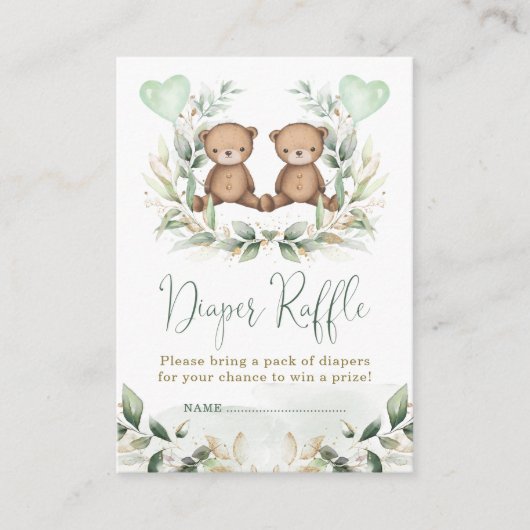 Teddy Bear Twins Greenery Gold Diaper Raffle Baby Informatiekaartje (Voorkant)