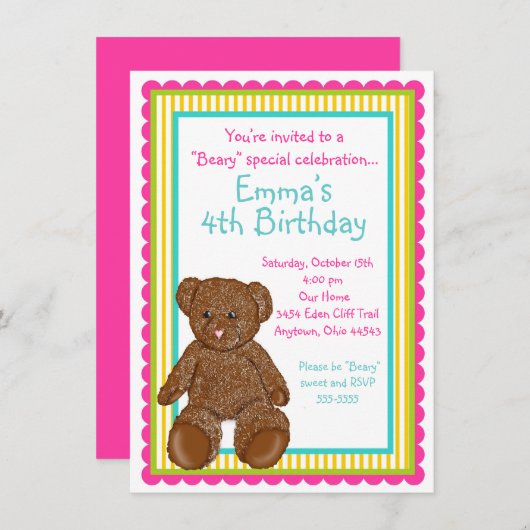 Teddy Bear-uitnodigingen Kaart (Voorkant / Achterkant)