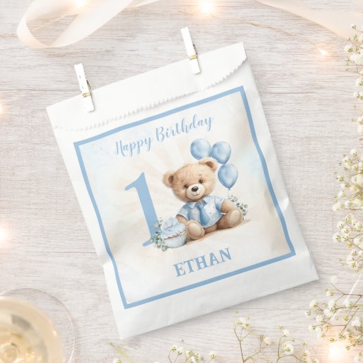 Teddy Bear Verjaardag Jongen Blauw Beige Favor Bag Bedankzakje (Geknipt)