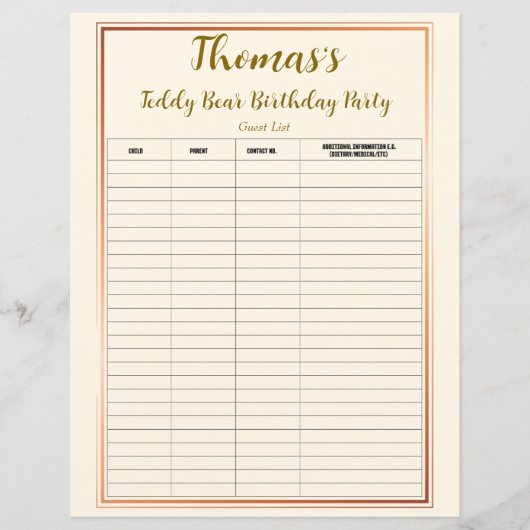 Teddy Bear verjaardagsfeestje gastenlijst (Voorkant)