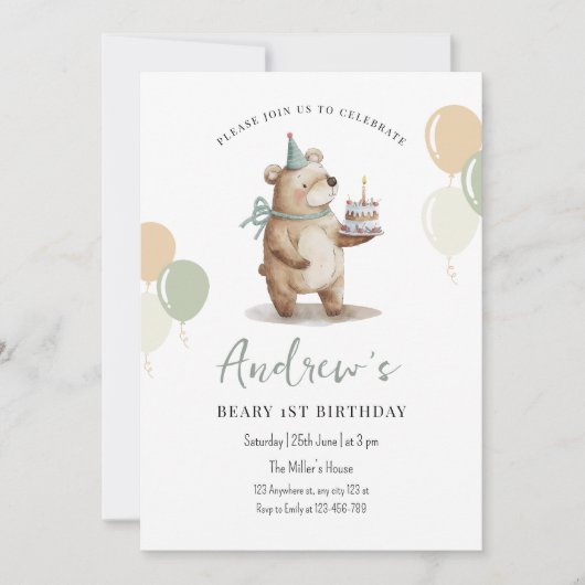 Teddy Bear verjaardagsuitnodiging, Beary 1st Birth Kaart (Voorkant)