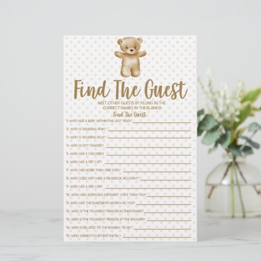 Teddy Bear vindt het spel van het gastBaby shower Briefpapier (Staand voorkant)