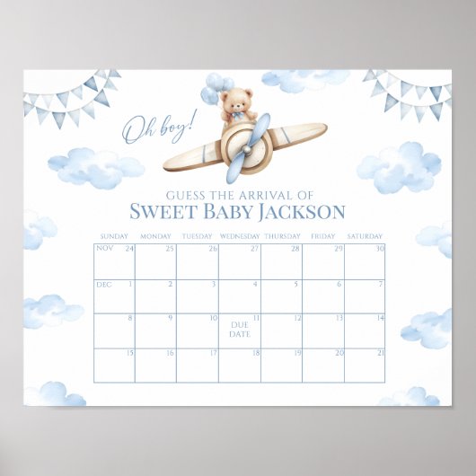 Teddy Bear Vliegtuig Baby Boy Vervaldatum Agenda Poster (Voorkant)
